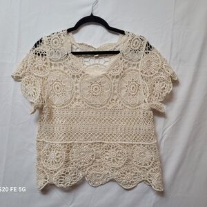 POL Crochet Lace Short Sleeve Top - Cream